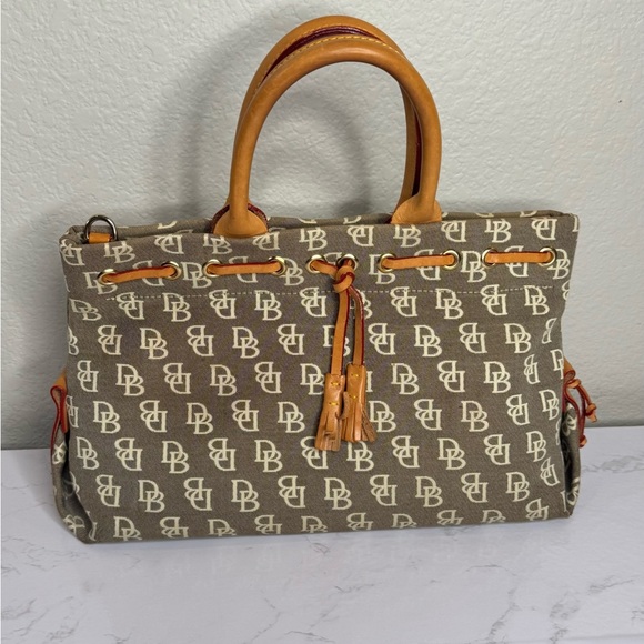 Dooney & Bourke Taupe Monogrammed Jacquard Tan Leather Trim Tassel Tote Handbag - Picture 1 of 11